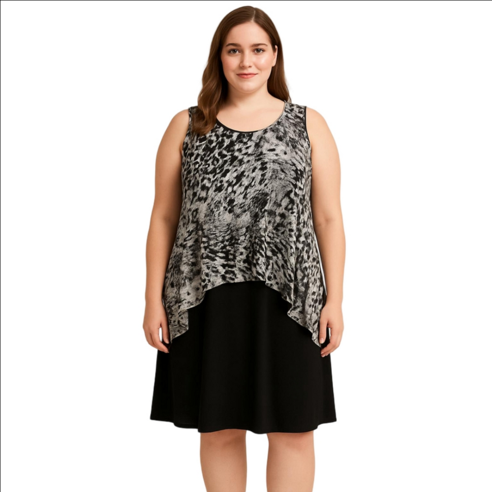 Tradition Brown, Cream And Black Leopard Print Sleeveless Layered Dress